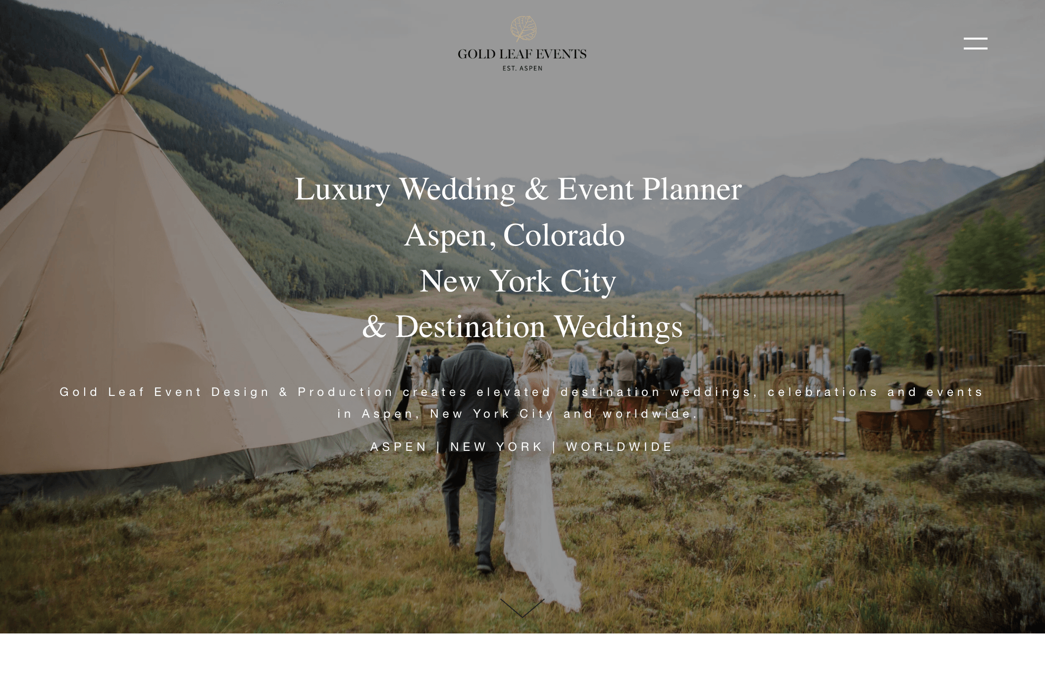Gold Leaf Event website showing a destination wedding in the mountains of Aspen